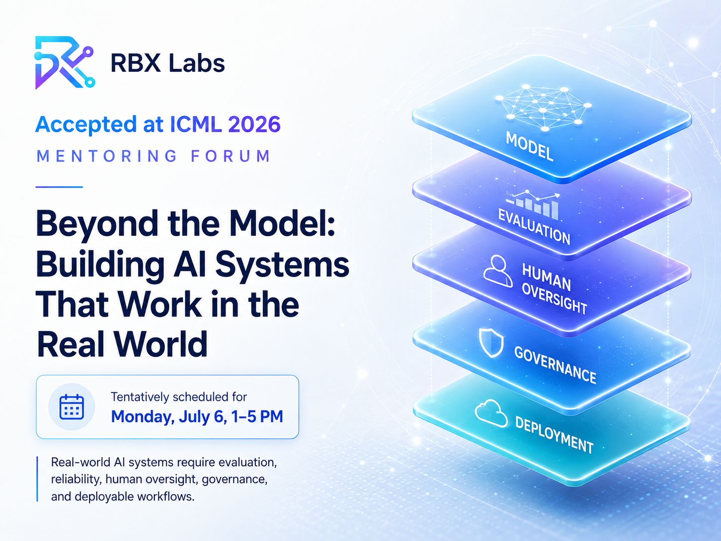 RBX Labs ICML 2026 Mentoring Forum poster for Beyond the Model: Building AI Systems That Work in the Real World
